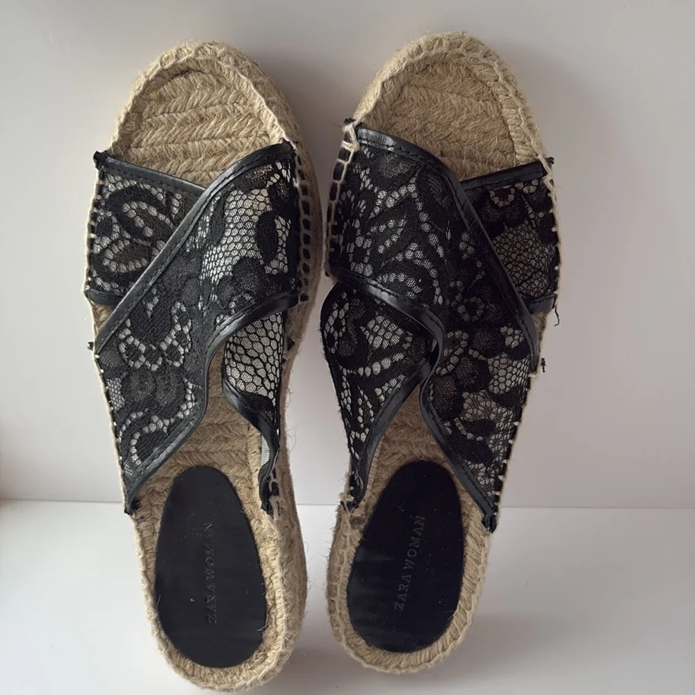 Zara Black Lace Crisscross Espadrille Woven Jute Platform Slide Sandals